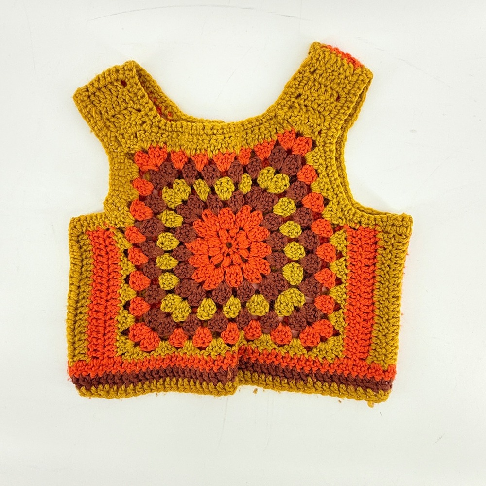 Handmade Crochet Granny Square Vest Mustard Orange Brown Boho Hippie‎ Crop Top